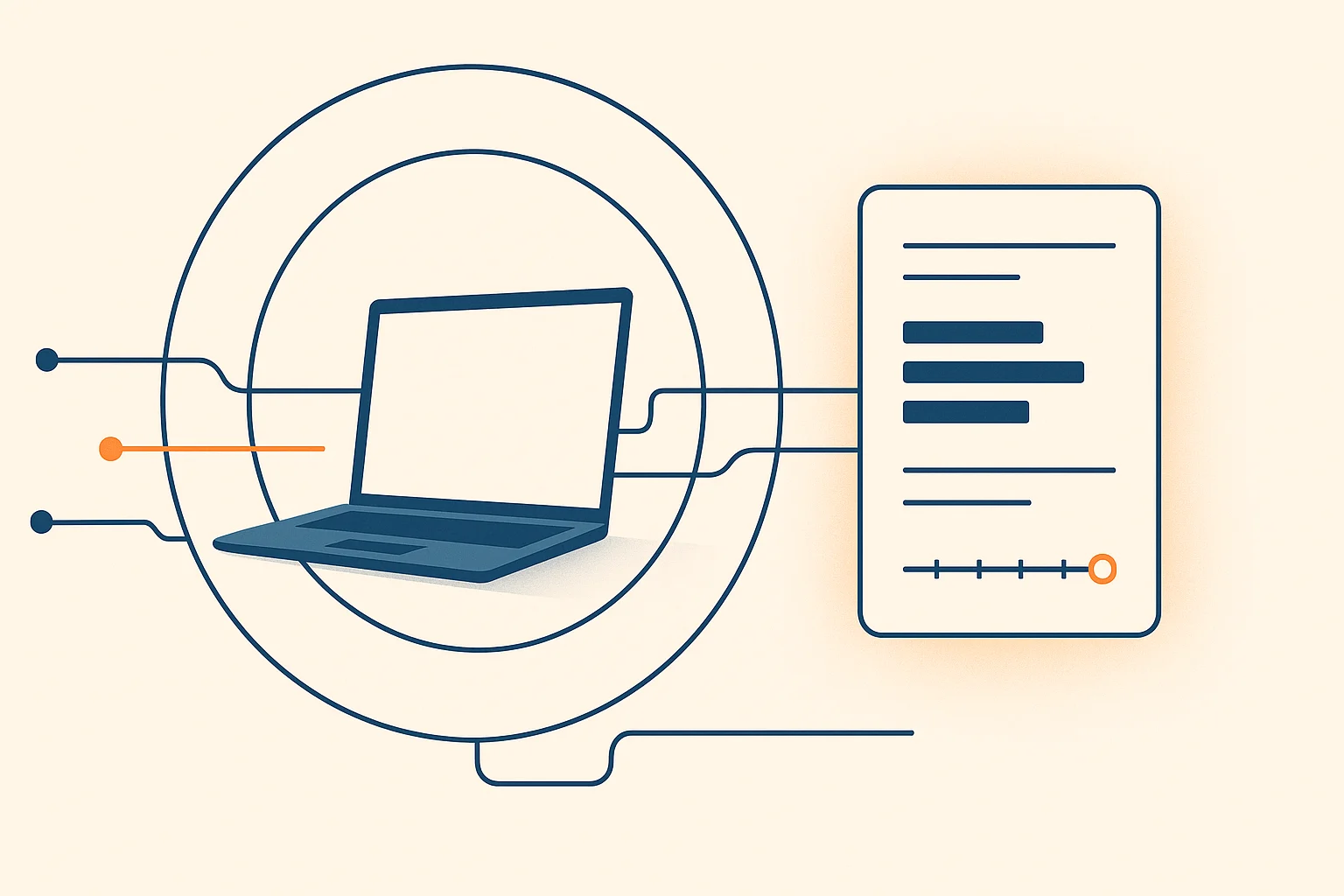 Defense in depth around an endpoint: the device wrapped in layered protection rings, inbound and outbound connection lines with one amber inbound connection intercepted at the outer ring, and a structured evidence-record panel showing the forensic trail of source, process, bytes, and time.